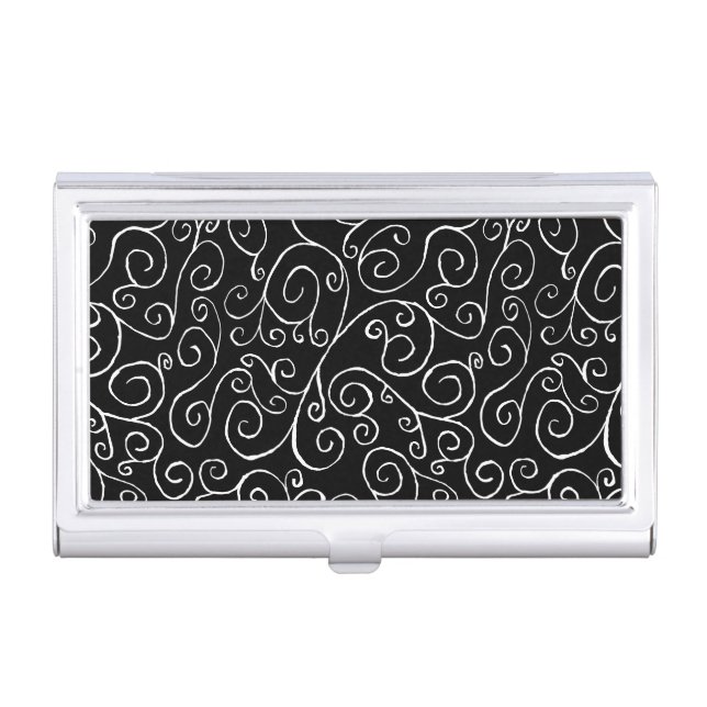 White Scrolling Curves on Black Case For Business Cards (Front)