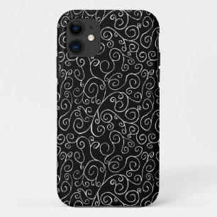 White Scrolling Curves on Black iPhone 11 Case