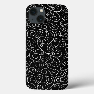 White Scrolling Curves on Black iPhone 13 Case