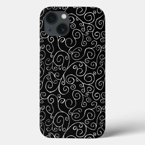 White Scrolling Curves on Black iPhone 13 Case