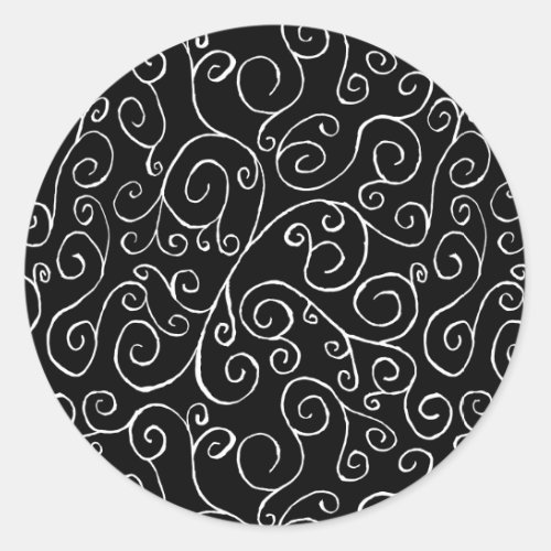 White Scrolling Curves on Black Classic Round Sticker