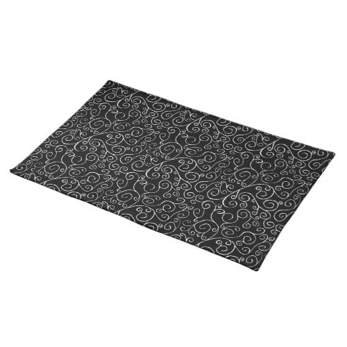White Scrolling Curves on Black Cloth Placemat