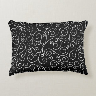 White Scrolling Curves on Black Decorative Pillow
