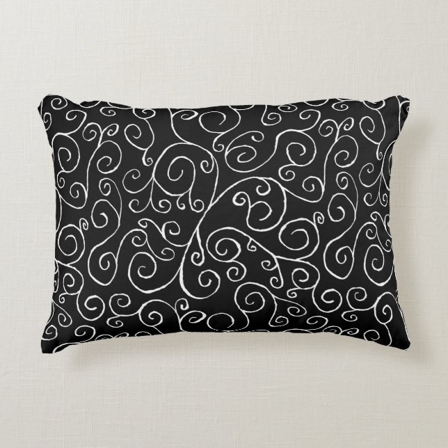 White Scrolling Curves on Black Decorative Pillow (Front)