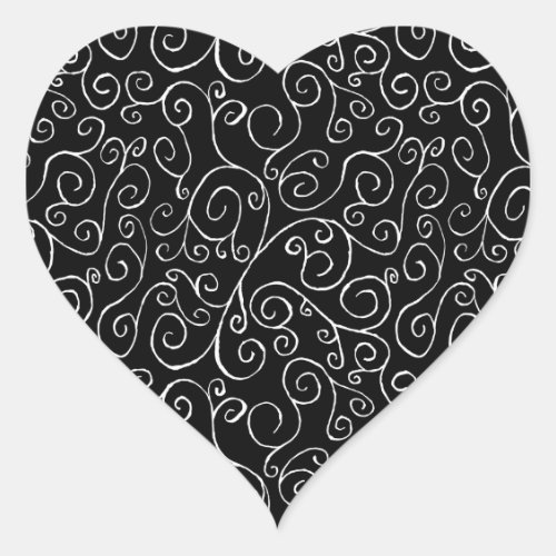 White Scrolling Curves on Black Heart Sticker