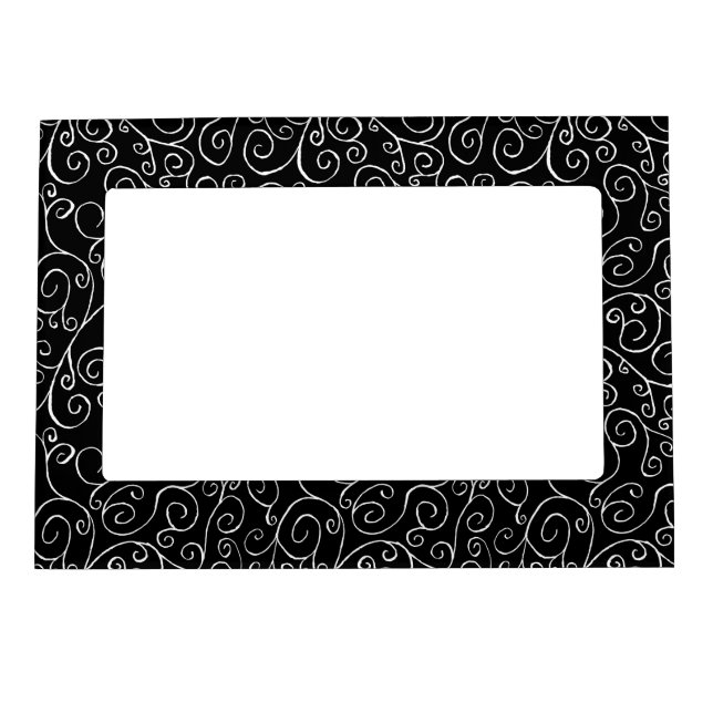 White Scrolling Curves on Black Magnetic Picture Frame (Front)