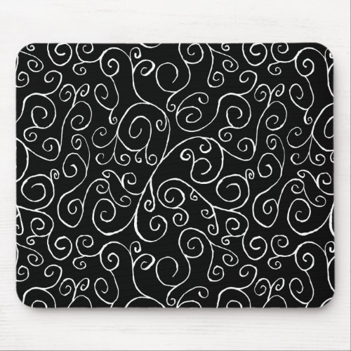 White Scrolling Curves on Black Mouse Pad