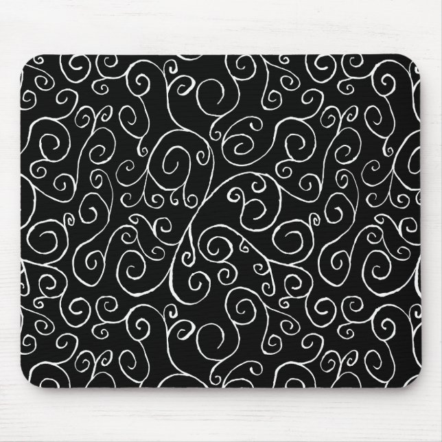 White Scrolling Curves on Black Mouse Pad (Front)