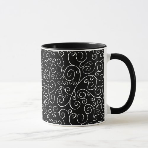 White Scrolling Curves on Black Mug