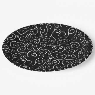 White Scrolling Curves on Black Paper Plates