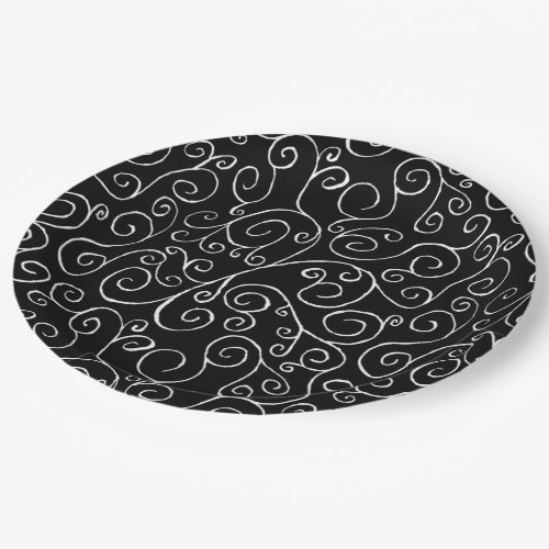 White Scrolling Curves on Black Paper Plates