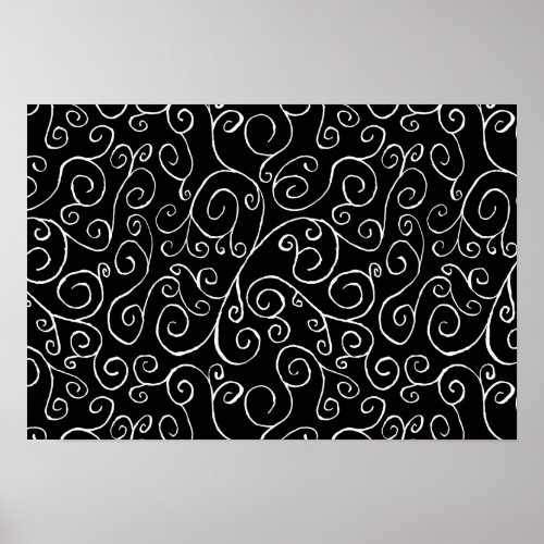 White Scrolling Curves on Black Poster