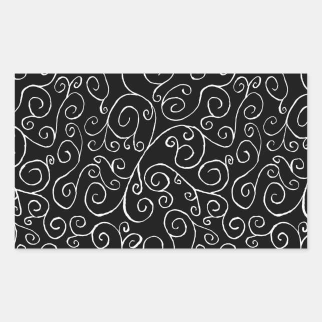 White Scrolling Curves on Black Rectangular Sticker (Front)