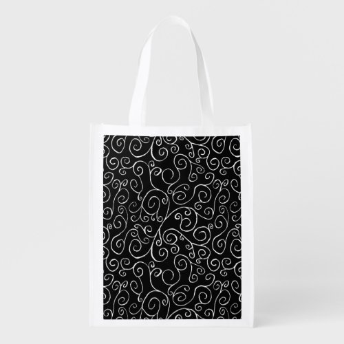 White Scrolling Curves on Black Reusable Grocery Bag