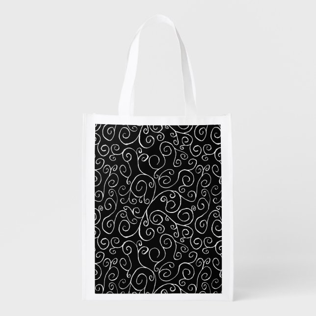 White Scrolling Curves on Black Reusable Grocery Bag (Front)