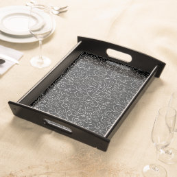 White Scrolling Curves on Black Serving Tray