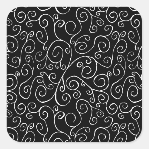 White Scrolling Curves on Black Square Sticker