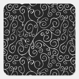 White Scrolling Curves on Black Square Sticker