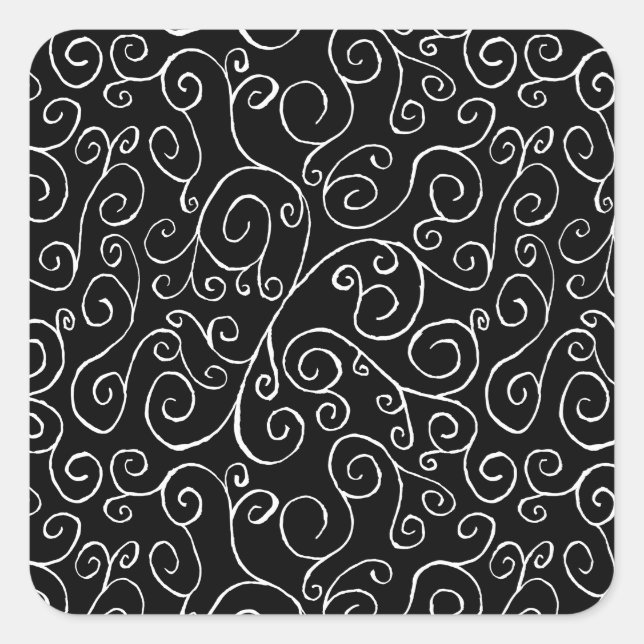 White Scrolling Curves on Black Square Sticker (Front)