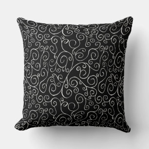 White Scrolling Curves on Black Throw Pillow