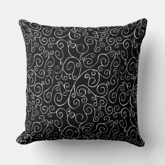 White Scrolling Curves on Black Throw Pillow