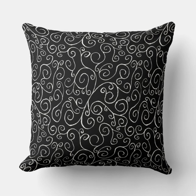 White Scrolling Curves on Black Throw Pillow (Front)
