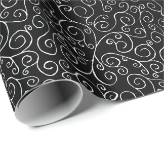 White Scrolling Curves on Black Wrapping Paper