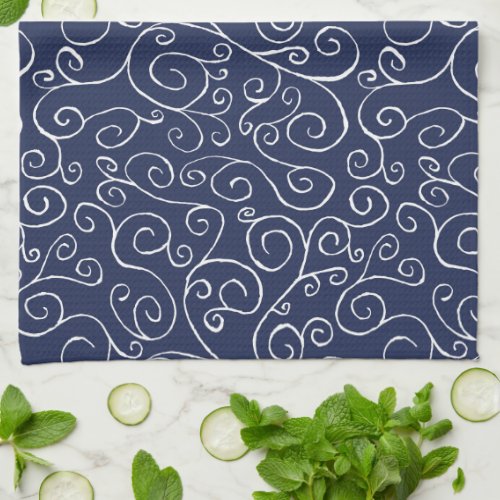 White Scrolling Curves on Navy Blue Kitchen Towel