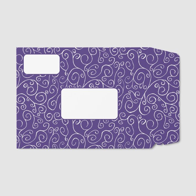 White Scrolling Curves on Purple Envelope Mailers (Front)