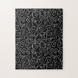 White Scrolling Curves on Solid Black Challenging Jigsaw Puzzle