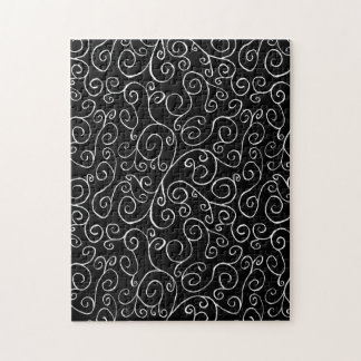 White Scrolling Curves on Solid Black Challenging Jigsaw Puzzle