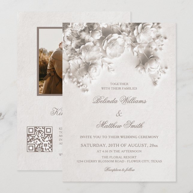 White Sculptured Flowers 3D Roses Wedding Invitation (Front/Back)