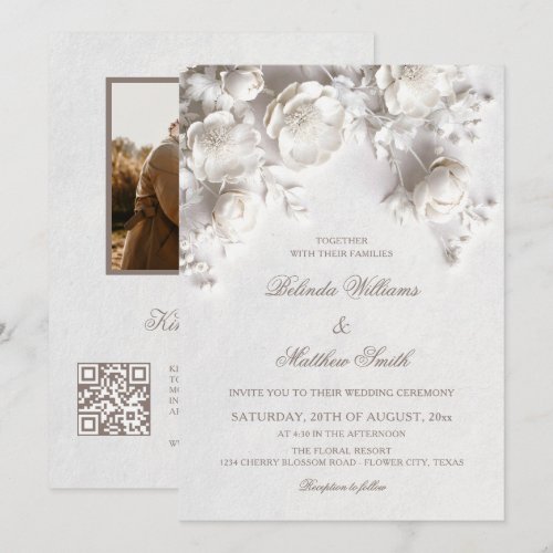 White Sculptured Flowers 3D Roses Wedding Invitation