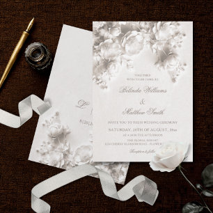White Sculptured Flowers 3D Roses Wedding Invitation