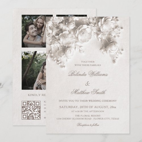 White Sculptured Flowers 3D Roses Wedding Invitation