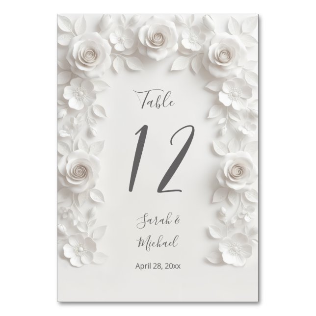 White Sculptured Flowers Arch Wedding   Table Number (Front)