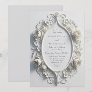 White Sculptured Flowers Crest Wedding Invitation