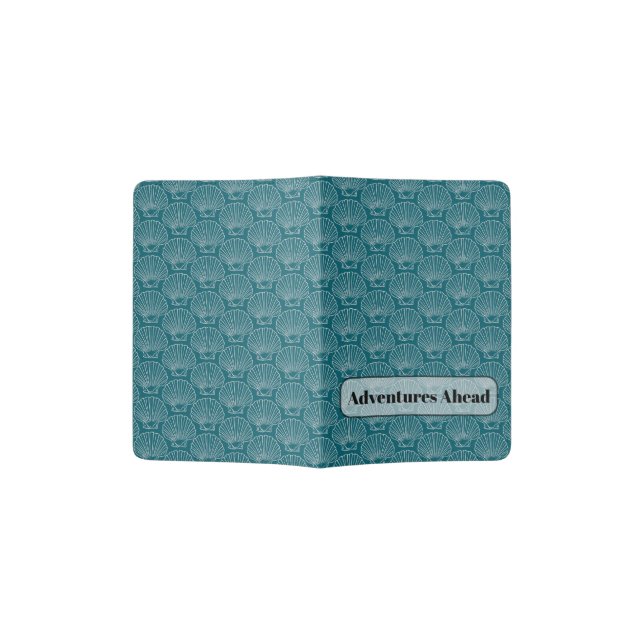 White Sea Shell Beach Theme Pattern On Aqua Passport Holder (Opened)