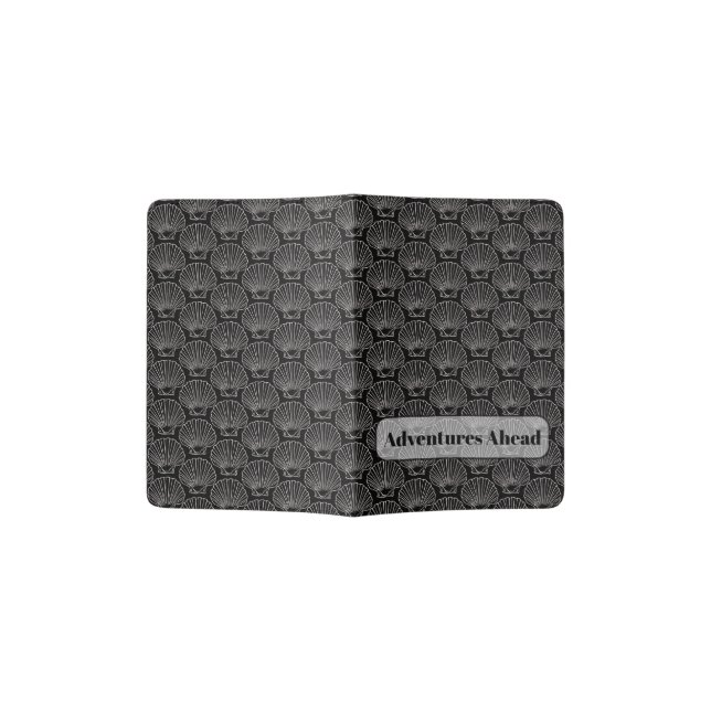 White Sea Shell Beach Theme Pattern On Black Passport Holder (Opened)