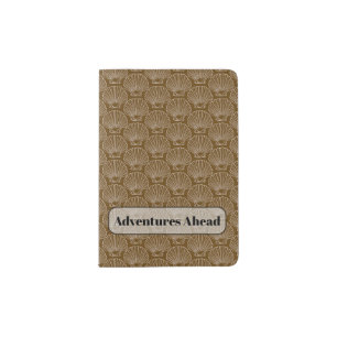 White Sea Shell Beach Theme Pattern On Brown Passport Holder
