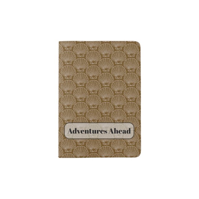 White Sea Shell Beach Theme Pattern On Brown Passport Holder (Front)