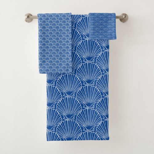 White Sea Shell Pattern Over Blue  Beach House Bath Towel Set