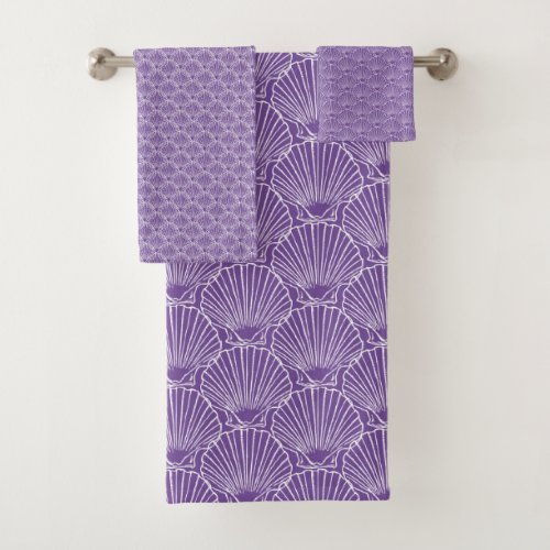 White Sea Shell Pattern Over Purple  Beach House Bath Towel Set