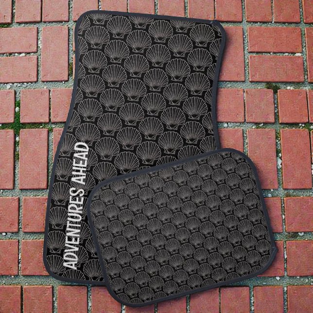 White Sea Shell Skeleton Background Pattern  Car Floor Mat (Car floor mats with white shell pattern on black background. Front has template text.)