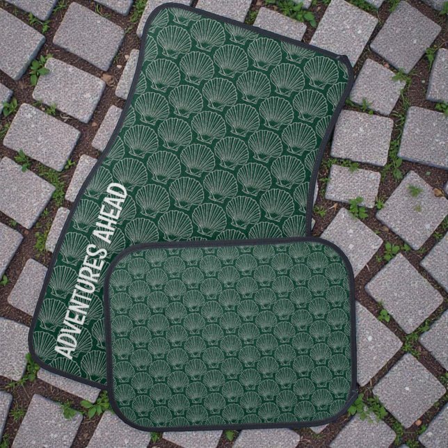 White Sea Shell Skeleton Pattern on Dark Green Car Floor Mat (Car floor mats with white shell pattern on green. Front has template text.)