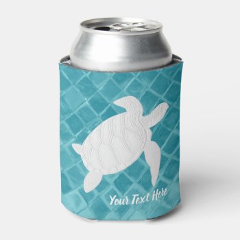 White Sea Turtle  Aqua Sea Glass Your Text Can Cooler by WRAPPED_TOO_TIGHT at Zazzle