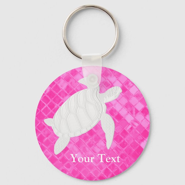 White Sea Turtle Pink Sea Glass Personalize Keychain (Front)