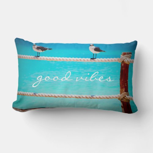 White Seagull Beach Birds Good Vibes Quote Script Lumbar Pillow