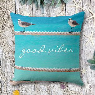 White Seagull Beach Birds Photo Good Vibes Quote Throw Pillow