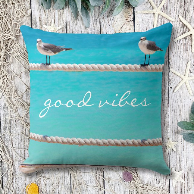 White Seagull Beach Birds Photo Good Vibes Quote Throw Pillow (Creator Uploaded)